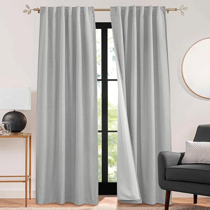RYB HOME 3 in 1 Soundproof - Blackout - Insulation Linen Curtains, Noise Blocker Energy Saving Curtains for Bedroom Living Room Studio Home Office, Grey, W52 x L102 in, 2 Panels