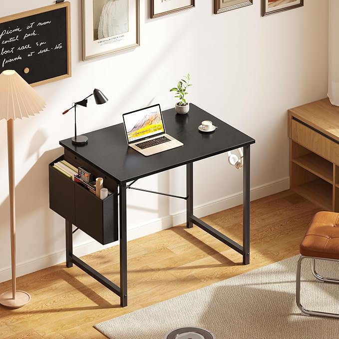 OLIXIS Small Computer Desk, 31 Inch Home Office Desks, Writing Study Craft Work Gaming Table, Computer Workstation for Small Spaces with Storage Bag and Headphone Hook for Bedroom, Black