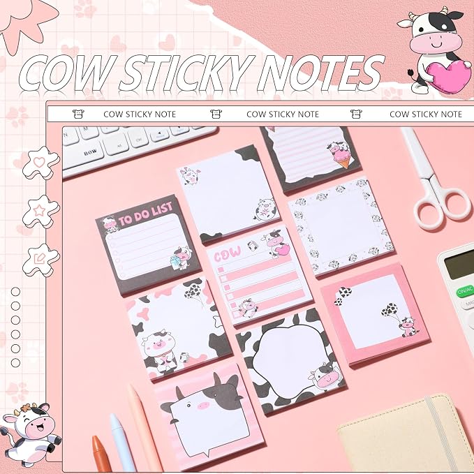 9 Pads Cute Sticky Notes Cartoon Self Stick Notepads 3x3 Inches Notes Adhesive Memo Pad Office Decor Gifts for Students School Teacher Office Meeting(Cow)