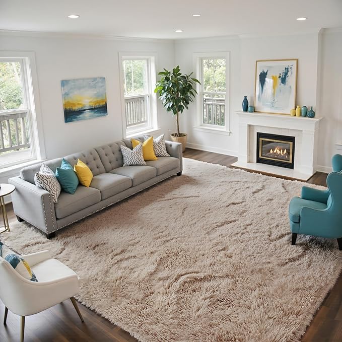 yongyangjuxin Fluffy Rug Shag Area Rug, Beige 9x12 Area Rugs for Living Room, Large Shag Area Rugs for Bedroom Room Home Decor, Upgrade Anti-Skid Rectangular Fuzzy Rugs