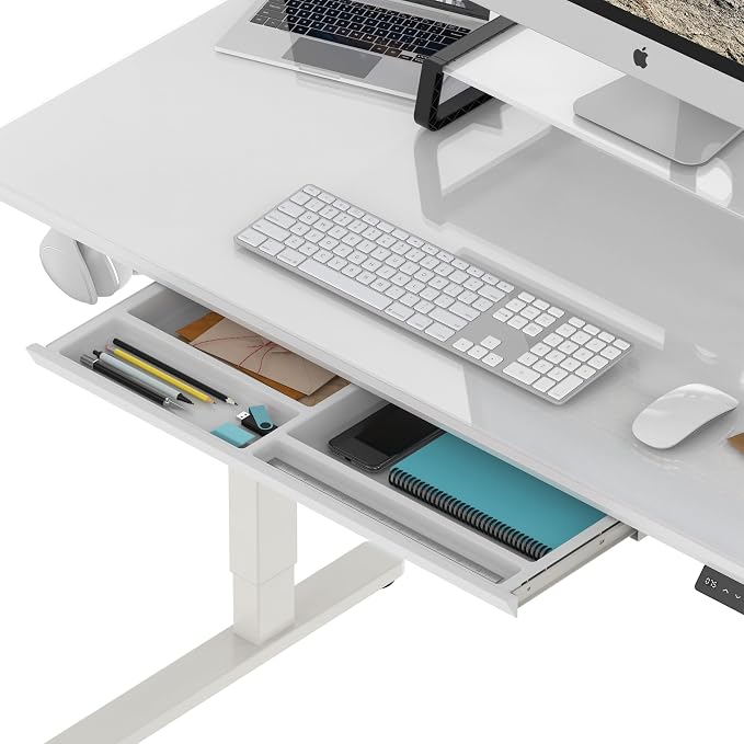 SHW 48-Inch Glass Electric Height Adjustable Standing Desk, White | w/ Monitor Riser | Memory Presets and Cable Management | Drawer with Built-in Compartments | Hanging Hooks