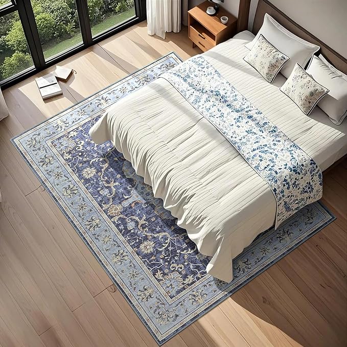 4x6 Washable Area Rug, Living Room Rug, Navy Blue Vintage Non-Slip Rug, Low Pile Floral Indoor Rugs, Soft Distressed Print Pattern Carpet for Living Room, Bedroom, Kitchen, Dining Room and Office