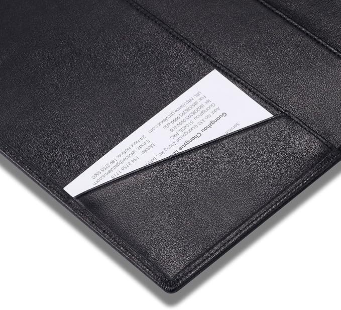 HISCOW Slim Leather Junior Padfolio, 5x8 Notepad Cover, Classic Black | Italian full-grain cowhide, top-loading legal pad holder, rigid pen loop, quick-access card slot, zipperless boardroom design