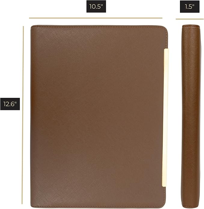 BLU MONACO | Brown Vegan Leather Padfolio | Zippered Work Organizer Binder with Gold Trim | Professional Document Case 8.5 x 11 for Women