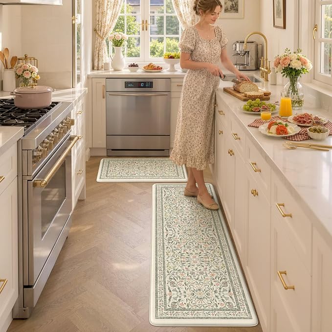 KIMODE Anti Fatigue Kitchen Mats for Floor 2 Piece 20"x59"+20"x32", Boho Kitchen Runner Rugs Non Slip, Beige Cushioned Kitchen Floor Mats, Comfort Standing Mats for Sink, Waterproof Laundry Room Rug