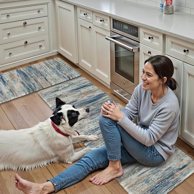 KIMODE Christmas Anti Fatigue Kitchen Mats for Floor 2 Piece, Blue Grey Farmhouse Kitchen Rugs 17"x47"+17"x29", Non Slip Waterproof Kitchen Floor Mats, Standing Mats for Laundry Office Sink Desk