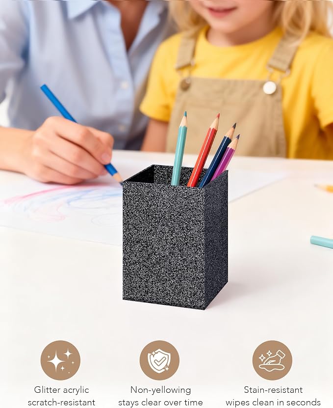 Acrylic Pen Holder Desk Organizer for Office, Black Glitter | Sparkling glitter acrylic makeup brush and pencil holder for desk, Modern desktop organizer for home, school and office
