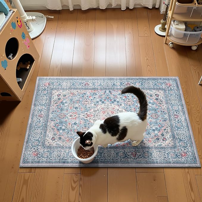 Blue Small Washable Area Rug, 2x3 Boho Vintage Entryway Rugs, Soft Non Slip Floral Door Mat, Aesthetic Low Pile Carpet for Front Door Entry Carpets Entrance Bedroom Kitchen