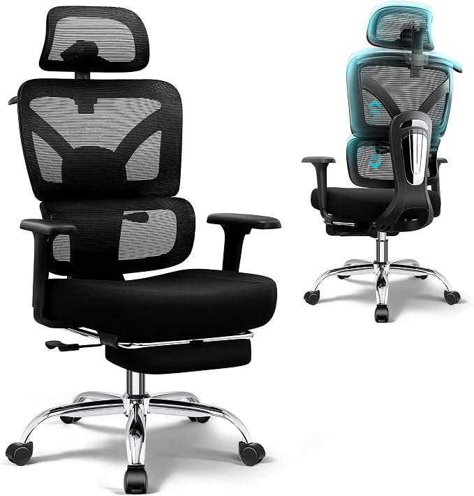Ergonomic Office Chair with Footrest, Big and Tall Home Desk Chair | 3D Adjustable Armrests, 3D Flexible Headrest, Comfortable & High Density Sponge Cushion, 135° Recline, Lumbar Support, Black