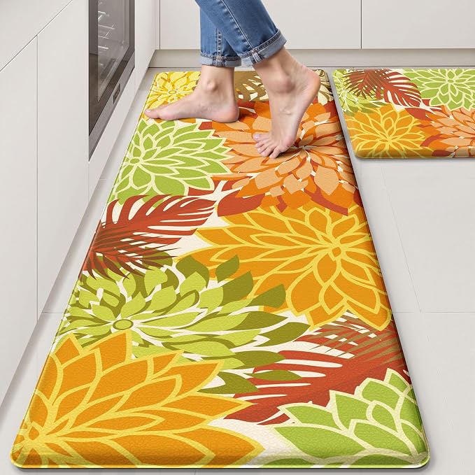 Arenarug Kitchen Mats for Floor 2PCS Cushioned Anti Fatigue Kitchen Mats Waterproof Non Slip Kitchen Rug Set Foam Standing Mat for Sink, Laundry, Office,17.3" x 28" + 17.3" x 59", Maple Orange
