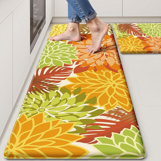 Arenarug Kitchen Mats for Floor 2PCS Cushioned Anti Fatigue Kitchen Mats Waterproof Non Slip Kitchen Rug Set Foam Standing Mat for Sink, Laundry, Office,17.3" x 28" + 17.3" x 59", Maple Orange