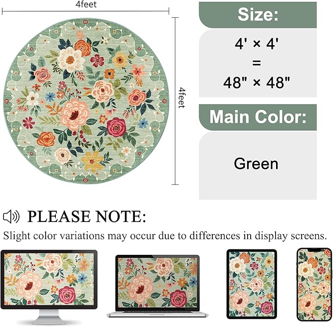 DUKINO Floral Round Rug, 4ft Washable Round Area Rug, Non Slip Indoor Low Pile Circle Rug, Soft Small Boho Design Circle Rug for Bedroom, Entryway, Living Room, Dining Room, Green