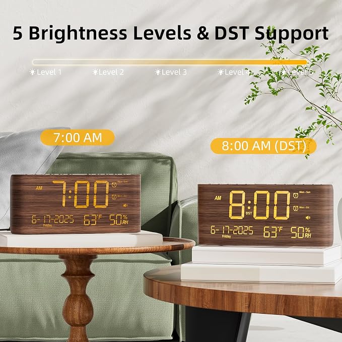 Raynic Digital Alarm Clock, 8.7" Large LED Display, Dual Alarms for Bedroom | USB & Type-C Charging Ports, Temperature & Humidity Display, 5-level Dimmer & Volume, Dark Wood Grain Finish for Home Office