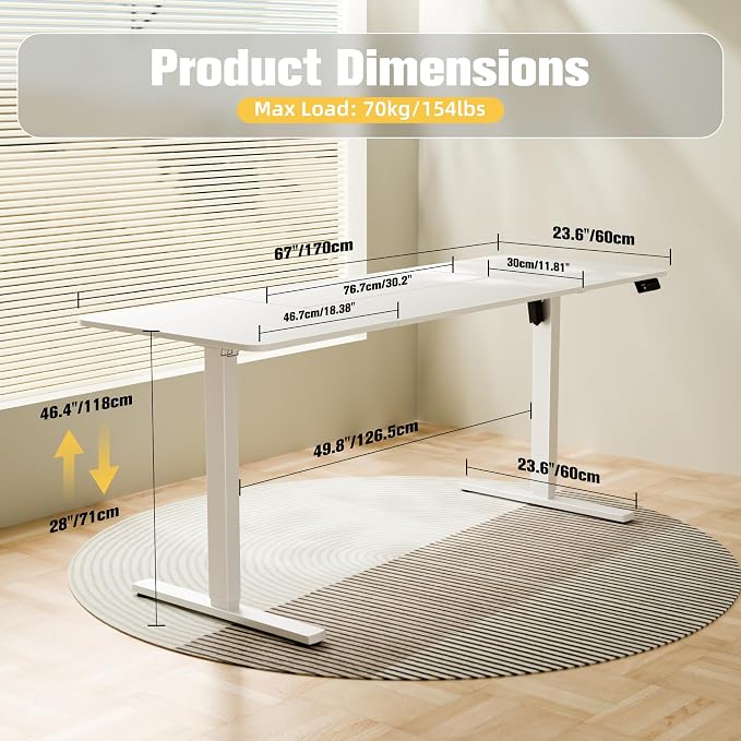 67"x24" Standing Desk, Height Adjustable Sit-Stand Home Office, White | Electric Adjustable Standing Desk, Sit to Stand Computer Office Desk with Splice Board, Memory Preset, Lifts 28.7''-46.5"