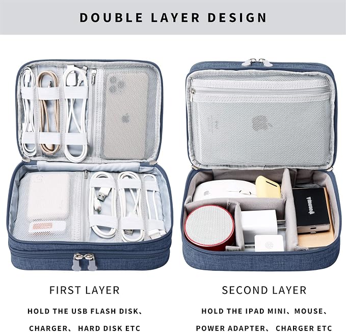 Lanola Travel Cable Organizer Bag, Electronic Accessories Case Portable Double Layer Cable Storage Bag for Cord,phone,Charger, Flash Drive, Phone, SD Card,Personal Items - (Dark Blue)
