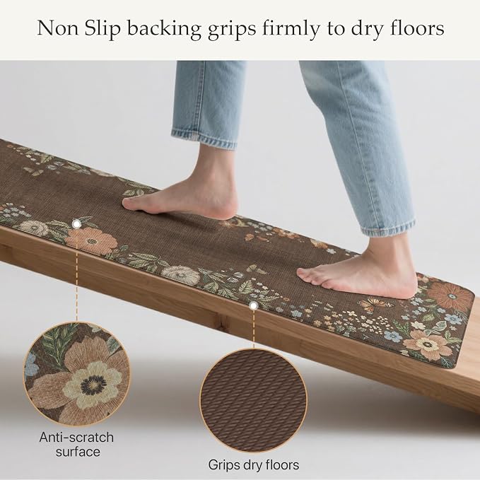 GENIMO Anti Fatigue Kitchen Mats for Floor 2PCS, Cushioned Standing Mats | 17.3"x59"&17.3"x30", Light Brown vintage floral rug set, waterproof, non slip, easy-clean for farmhouse