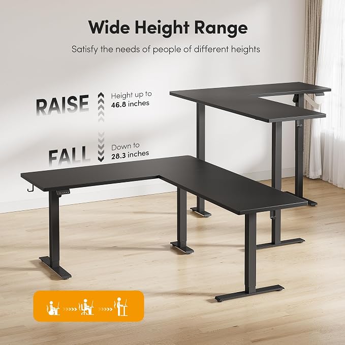 CubiCubi L Shaped Standing Desk 75 x 63 Inch Adjustable Height, Electric Corner Desk, Sit Stand Home Office Desk with Splice Board, Black(2 Packages)