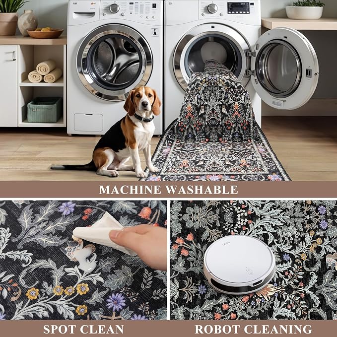 3x6 Washable Non-Slip Kitchen Runner Rug – Vintage Botanical with Animals Wide Floor Carpet Runner with Rubber Backing for Entryway, Hallway, Bathroom, Living Room, Low Pile Thin (Vibrant Black)