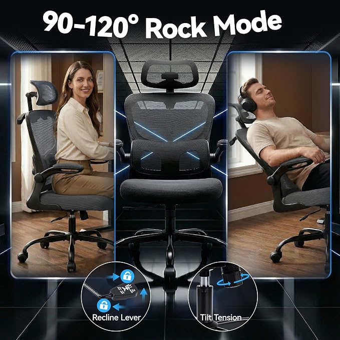 AreShark Office Chair Ergonomic Desk Chairs with Adjustable Lumbar Support& Headrest Hanger, High Back Breathable Mesh Chair with Wheels, Rolling Swivel Comfy Task Computer Chair for Home Work Gaming