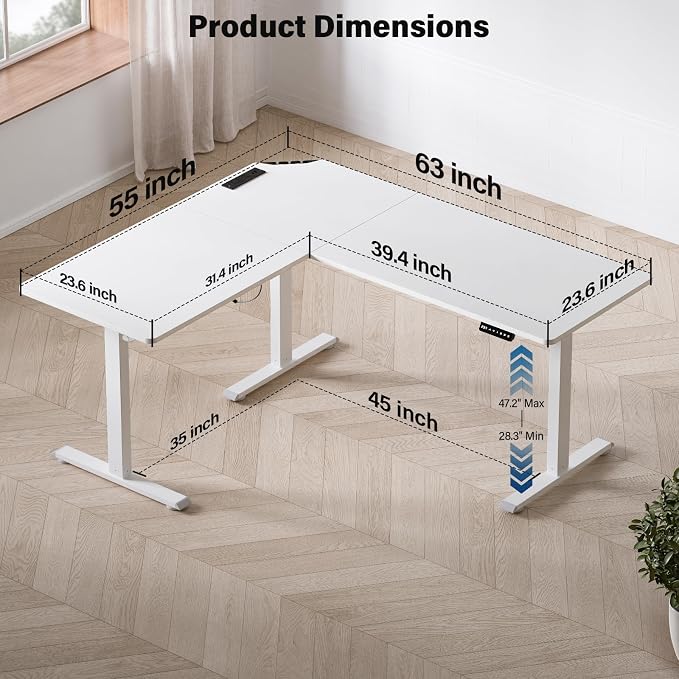 63 x 55 inch L-Shaped Standing Desk, Corner Computer Desk, Electric Standing Desk Adjustable Height, Sit to Stand Ergonomic Workstation for Home Office, White