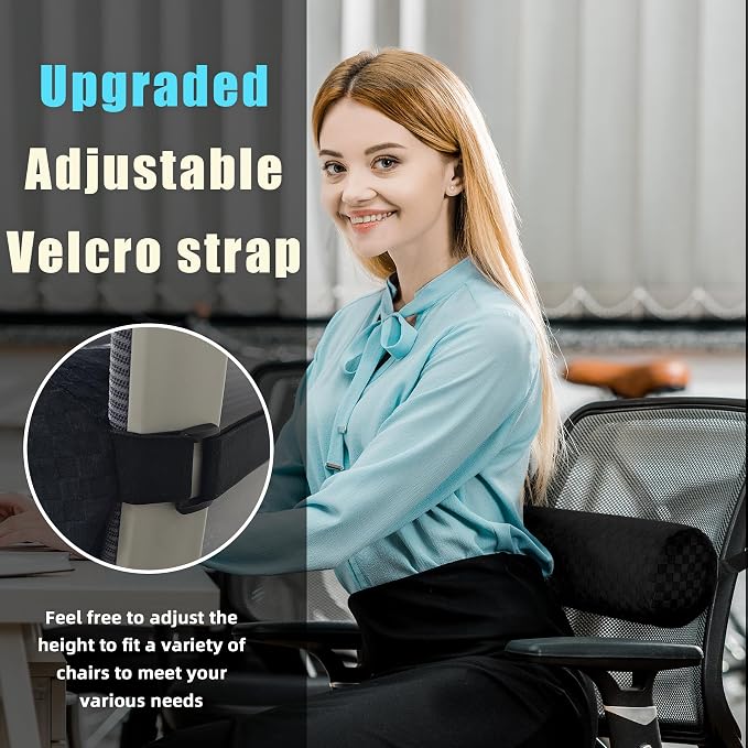 Coeyese Lumbar Roll Pillow for Lower Back Support, Black, Long-15*4.3'' | Removable Pillowcase, Upgraded Adjustable Strap, Suitable for Office, Chair, Car, Seat Pain Relief & Improving Posture