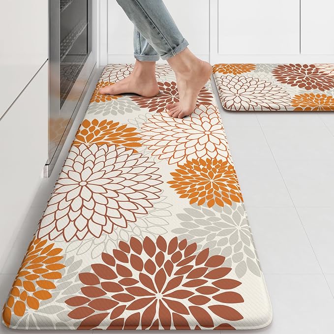 KIMODE Kitchen Mats for Floor Cushioned Anti Fatigue 2PCS Fall Kitchen Rugs | Dahlia Floral, 17"x47"+17"x29",Farmhouse Boho Floor Mats ,Non Slip,Waterproof,Comfort Desk Mat for Sink Office Laundry home