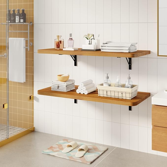 Dogsky Floating Wall Desk, 36" x 14" Wall Mounted Folding Table, Pine Wood Fold Down Wall Table, 200 lb Capacity Wall Mount Desk for Small Apartment,Laundry Room,Kitchen,Bar & Computer, Burning Yellow