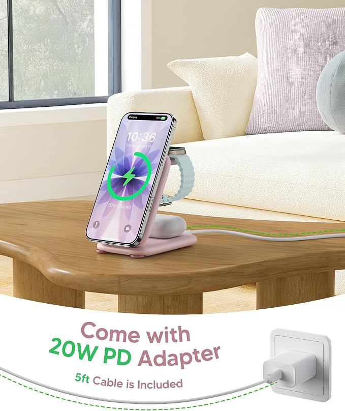 PaktVault 2026 Traveling Fast Wireless Charging Station for Apple Devices, Magnetic 3 in 1 MagSafe Charger Stand for iPhone 17 16 15 14 13 12 Pro Max Plus Air, Apple Watch&Air pods Pro, Pink
