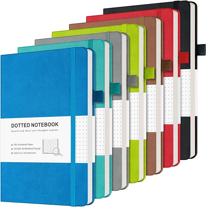 Dotted Journal Notebook, 7 Pack Leather Bullet Dot Grid Journal for Women Men, Notebooks Bulk for Students, Office, Journaling, Writing, Drawing, 120 GSM Thick Paper, Numbered Page, A5, Multi Colors