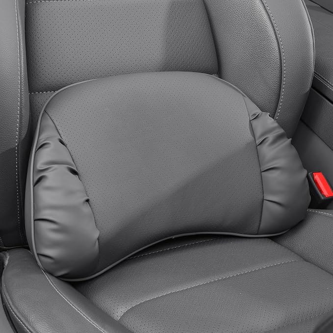 Memory Foam Lumbar Support Pillow for Car Seat, Gray, 1 Pack | Leather Lumbar Pillow for Lower Back Pain Relief - Back Cushion for Driving - Chair Support for Office Chair, Gaming Chair