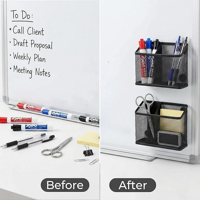 Neudeco Magnetic Pen Holder, Black, 2 Pack, 3-Compartment Metal Mesh | Magnetic Organizer for Whiteboard, Refrigerator, Locker & Filing Cabinet, Dry Erase Marker Holder