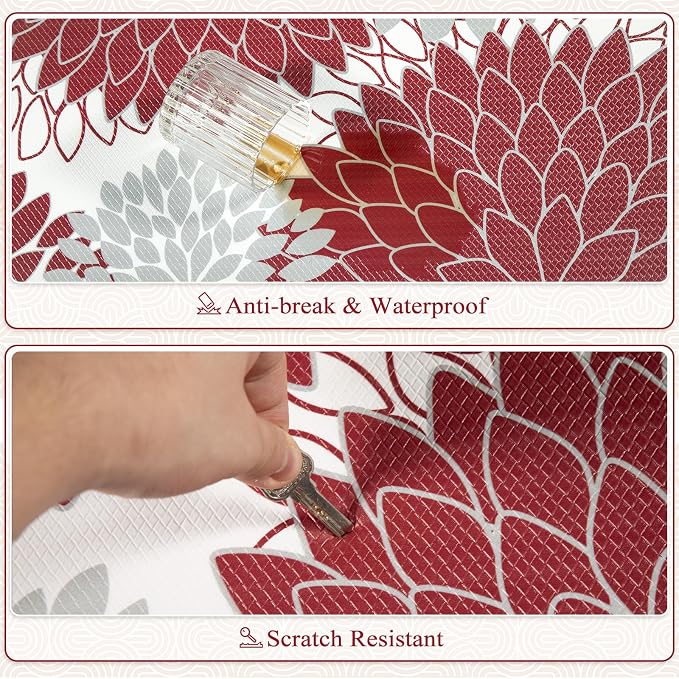 KIMODE Half Circle Anti Fatigue Mats for Kitchen Floor Rug Sets of 2 | 18"x28+18"x47",Red,Half Round,2PCS,Dahlia Floral Boho,Non Slip,Waterproof,for Sink Office Laundry Bathroom Decor