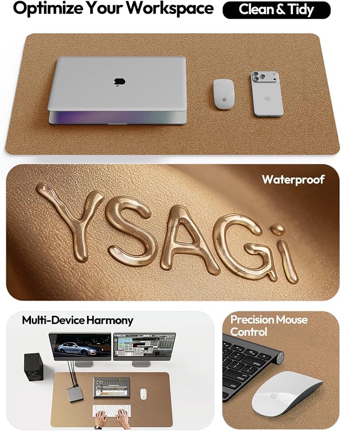 YSAGi Leather Desk Protector, Office Mat, Large Mouse Mat, Non-Slip PU Leather Blotter, Laptop Desk Pad, Waterproof Writing Pad for Office and Home (Shiny Bronze, 23.6" x 13.8")