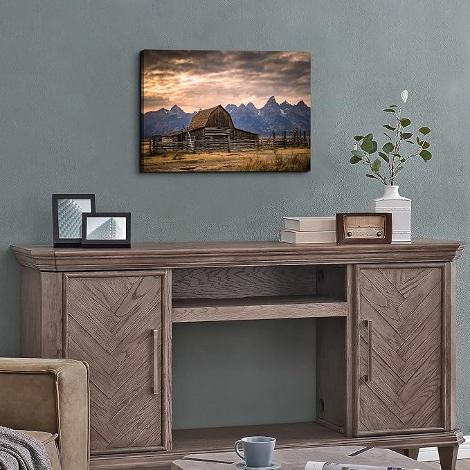 Grand Teton National Park Canvas Wall Art Sunset Moulton Barn Landscape Wall Decor, Wyoming Nature Mountains Scenery Picture Artwork Painting Decoration for Home Living Room Bedroom Kitchen 16x24"