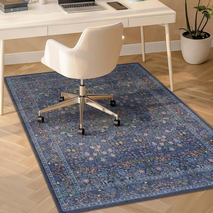 36"x48" Boho Dark Blue Office Desk Chair Mat for Hardwood Floor, Under Desk Rug with Non-Slip Rubber Backing, Small Computer Chair Rug for Heavy Duty Office Chair, Machine Washable (3x4 Navy Blue)