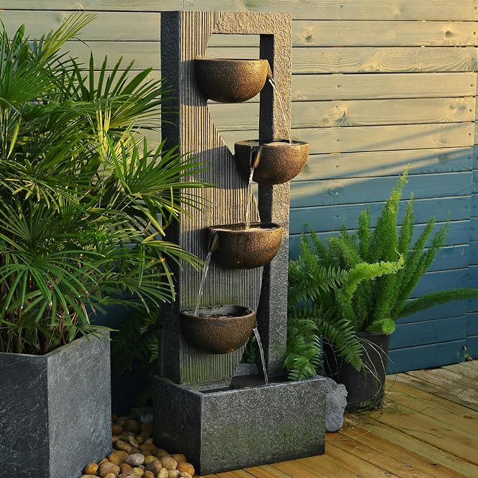 Sunlinua Outdoor-Water-Fountain Waterfalls Garden Fountain 5-Tier Outdoor Floor Standing Water Fountains with Natural Stones, LED Lights, Pump for Garden, Living Room, Patio, 49.2 Inches Tall