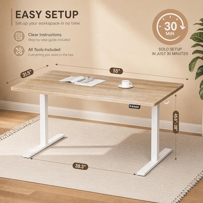 Grandder 55x32 Large Electric Standing Desk, Height Adjustable Computer Desk with 2 Memory Presets, 31.5" Deep Desktop Sit Stand Desk Home Office Desk Workstation Table with Hooks, Maple