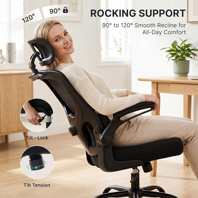 Ergonomic Office Chair, 330lbs Mesh Desk Chair with Adjustable Lumbar Support, 3D Headrest and Flip-Up Arms, Comfortable High Back Computer Chair for Home Office