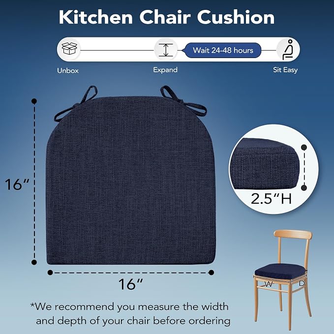 Chair Cushions for Dining Chairs, Non Slip Chair Pads with Ties and Washable Covers, Memory Foam Kitchen Chair Cushions Set of 4, 16"X16"X2.5", Navy
