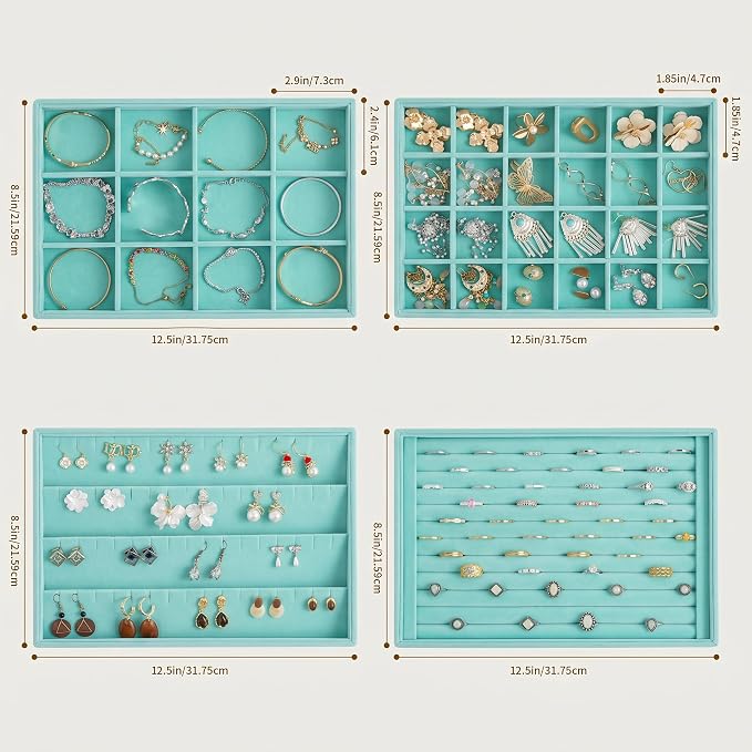 Jewelry Trays for Drawer,Set of 4 Jewelry Organizer and Storage | Velvet Material,Stackable,Adjustable Dividers,Drawer Inserts for Rings Studs Bracelet,Earring Organizer for Women Girls