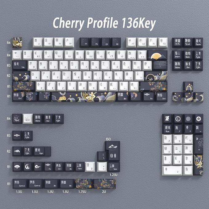 JSJT PBT Keycaps 136 Keys Cherry Profile Keycap Set Chang'e and Rabbit Themed Keycap Ancient Style Zang Blue Custom Key caps Suitable for Cherry MX Switches Mechanical Keyboards