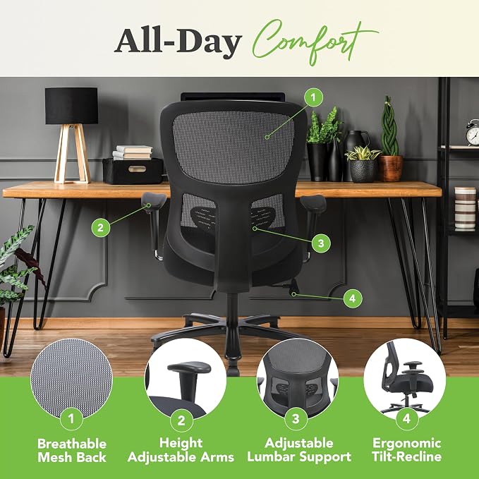 HON Sadie Big and Tall Ergonomic Office Chair, Heavy Duty Desk Chair, Black | Big and tall ergonomic office desk chair for desk work, lumbar support, adjustable arms, mesh comfort, 350 lb capacity