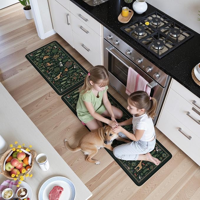 KIMODE Kitchen Mats for Floor Cushioned Anti Fatigue, Kitchen Rug Sets of 2 | 17.3"x47"+ 17.3"x29",Black,Farmhouse Animal Forest Kitchen Rugs Non Slip,Memory Foam Kitchen Standing Mat Laundry Sink Office