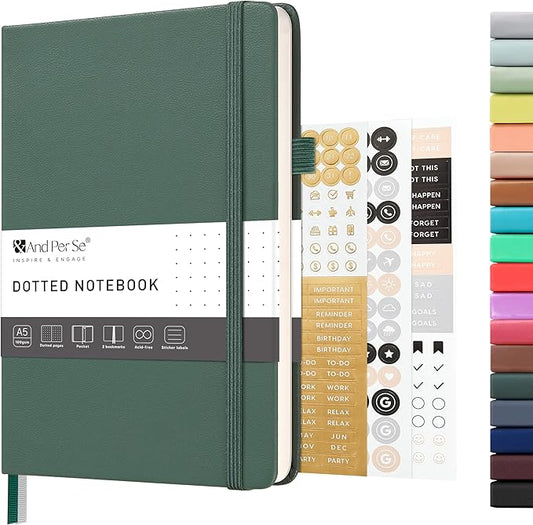 &And Per Se Dotted Journal Notebook – A5 Hardcover, 160 Pages 100gsm Paper, Dot Grid Notebook for Planning & Creative Journaling, 3 Sticker Sheets Included (Dark Green)