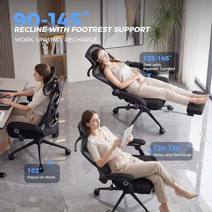 Ergonomic Office Chair - Adjustable Lumbar & Headrest, 90-160° Reclining with Footrest, Breathable Mesh Back - Home Office/Gaming Computer Chair