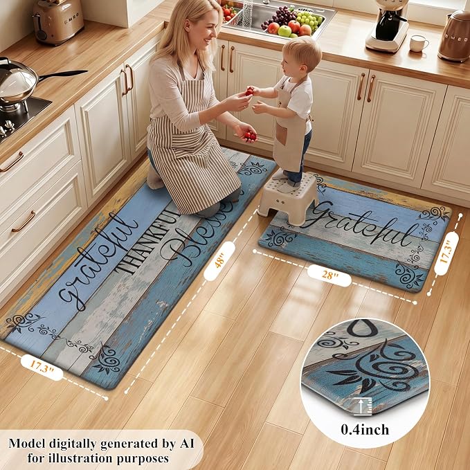 HEBE Anti Fatigue Kitchen Rugs Set of 2, Non Slip Cushioned Kitchen Mats for Floor, Waterproof Farmhouse Kitchen Carpet Set Comfort Standing Desk Mat for Sink,Office,Laundry
