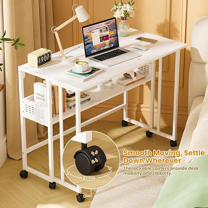 Gezen Folding Desk with Storage Shelf, Mobile Couch Desk Sofa Side Table Bed for Home Office Small Space, White Marble, 31.5