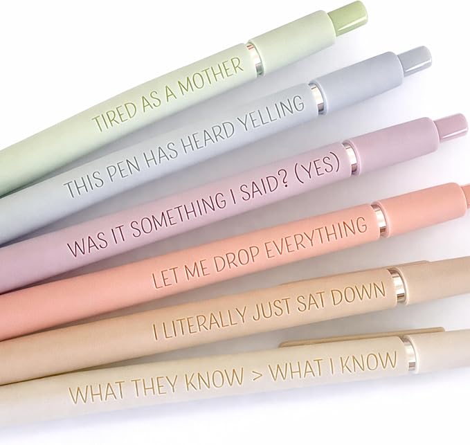 6 Pen Set｜Manic Motherhood Engraved Soft Touch Gel Pens｜Funny Mom Mothers Day Pens｜Planner Pens Office Supplies (Silver Pastel)