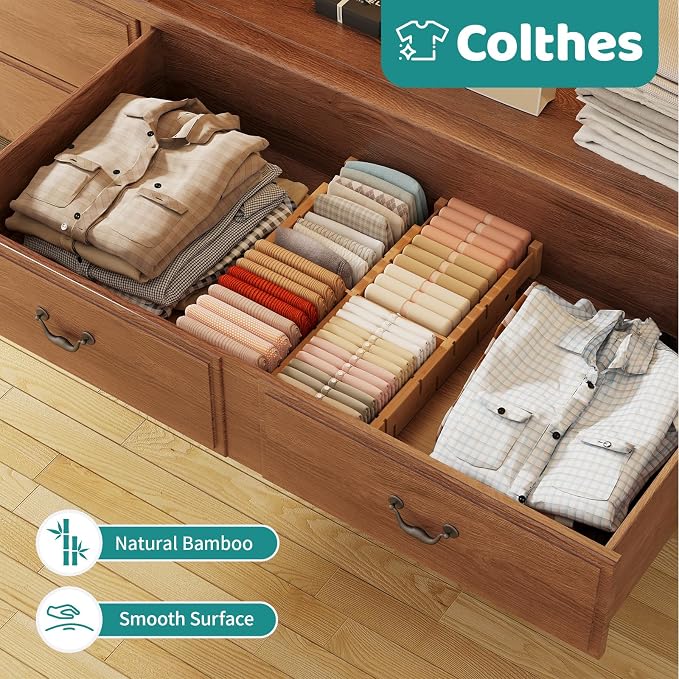 8 Pack Kitchen Drawer Dividers with Inserts, Bamboo Adjustable Drawer Organizers, Expandable Organization for Home, Dressers, 8 Dividers with 16 Inserts