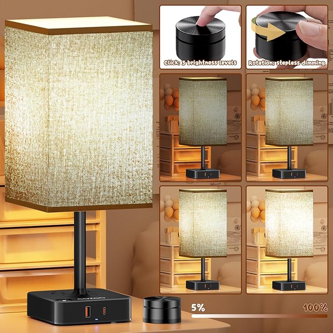 cozoo Bedside Table Lamp for Bedroom, 3 Way Dimmable & Remote Control Stepless Dimming Touch Nightstand Lamp, 2 USB Ports and 2 AC Outlets, Small Desk Light for Living Room, Bed, Study, Brown